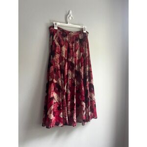 Jones New York Collection Red Watercolor Floral Pleated Midi Skirt 6 High Rise